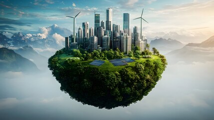 Carbon Free Smart City with Renewable Energy in Futuristic Urban Landscape 3D of Sustainable Future City Design with Wind Turbines Solar Powered Buildings and Green Environmental Elements