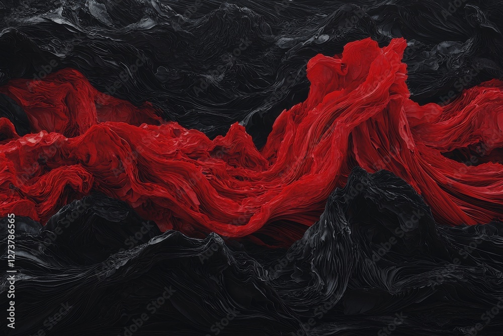 Poster red and black abstract waves form a dynamic and visually textured pattern