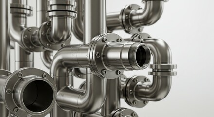 Industrial Stainless Steel Piping Detail: Close-Up of Metal Plumbing System Connections.

