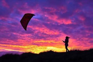 Girl Flying Kite at Sunset Colorful Sky