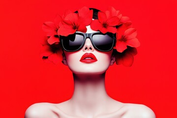 Woman with red flowers sunglasses in vibrant fashion portrait