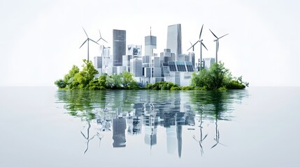 Eco Conscious Futuristic City with Wind Turbines and Solar Panels Integrated into Modern Urban Design Floating Above a Natural Environment with Tranquil Water Reflection