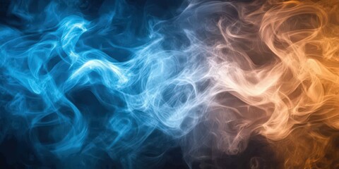 Fototapeta premium Swirling dance of ethereal blues and whites intertwine, creating a mesmerizing mist mid-air, with vibrant blues cascading from the left into pure white tendrils
