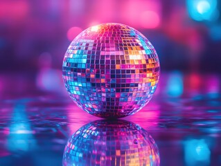 Obraz premium Vibrant disco ball reflecting colorful lights creating a festive and energetic atmosphere