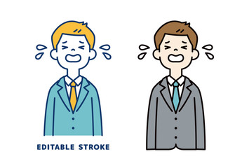 口を開けて泣きわめく、若いビジネスマンのベクターイラスト素材＿線幅の編集可能	