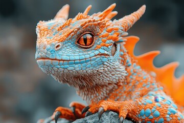 Obraz premium A closeup view of a vibrant lizard sunbathing on a textured rock surface