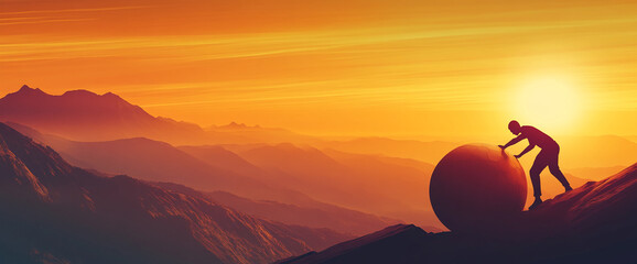 Silhouette of a person pushing a giant rock up a mountain during a vibrant sunset, symbolizing struggle, perseverance, and overcoming obstacles in the pursuit of a goal.
