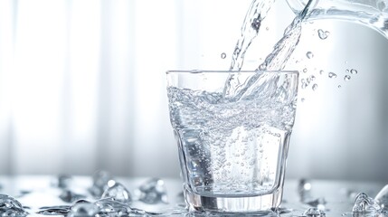 An action shot of water being poured from a jug into a glass, with splashes and reflections captured in the motion, against a bright, airy background.