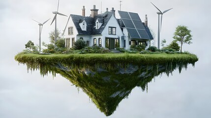 Obraz premium Floating futuristic green city with a harmonious mix of technology and nature featuring wind turbines and solar panels hovering above a grassy ground with a white backdrop