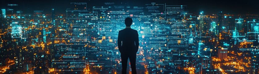 Man Analyzing Career Paths on Digital Screen Overlooking City Lights at Night