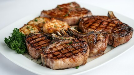 An attractive presentation of fresh pork chops with bone-in and boneless options, arranged on a white plate and set against a white background for clarity.