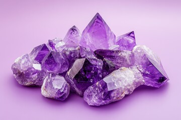 Fototapeta premium Cluster of stunning amethyst crystals arranged beautifully on purple background