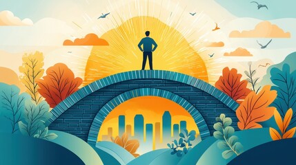 Man Standing on Bridge at Sunrise Symbolizing Career Transition with Urban Landscape and Nature Elements
