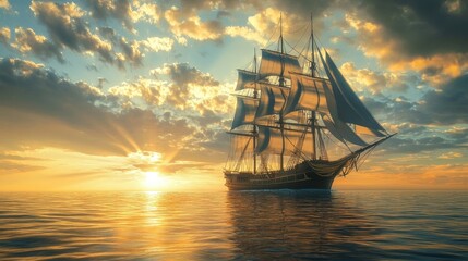 Fototapeta premium An elegant image of a large sailing ship with billowing sails navigating through calm waters, with the sun casting a golden light on the ship and the sea.