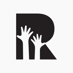 Initial Letter R Charity Logo Design Concept With Two Hand Symbol