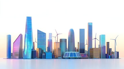 Naklejka premium Futuristic cityscape with modern eco friendly buildings powered by renewable energy sources like wind turbines and solar panels