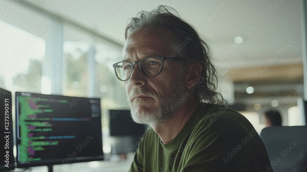 Poster within a creative office, a male caucasian programmer is engaged in writing code, utilizing both a l