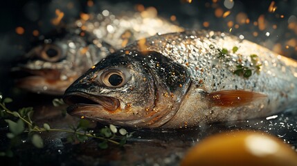 Obraz premium Ultra-Detailed Raw Fish with Herbs Image for Commercial Use