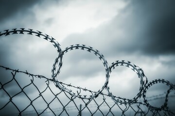 Barbed wire fence protection under cloudy sky.