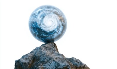 Fototapeta premium A surreal orb with swirling patterns balanced atop a rugged stone, set against a bright background