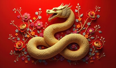 Fototapeta premium A vibrant golden dragon entwined with floral patterns on a red background, symbolizing prosperity and power, perfect for cultural events and festive decorations.