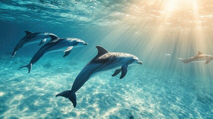 Fototapeta premium An underwater scene showing a pod of dolphins swimming gracefully through crystal-clear water, with sunlight filtering down from above.