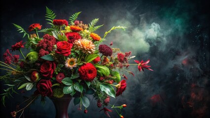 A Lush Arrangement of Deep Red and Orange Blooms in a Dark Vase Against a Smoky Background