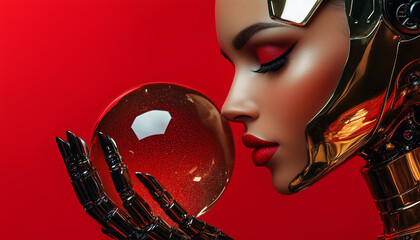 female robot with red lipstick and metallic features gazes at crystal ball against vibrant red background, showcasing futuristic and elegant design
