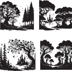Fototapeta premium Enchanted Woods illustration in black and white silhouette assets in vector farm 