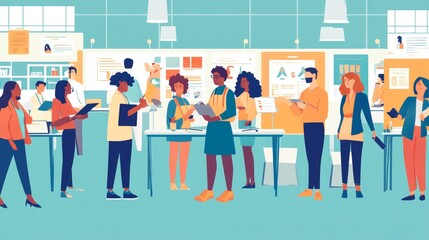 People working in a bright office setting.