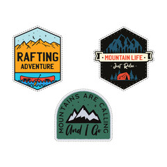 Camping Adventures badges big set designs with mountains, rafting. Travel logo graphics. Stock retro camp labels