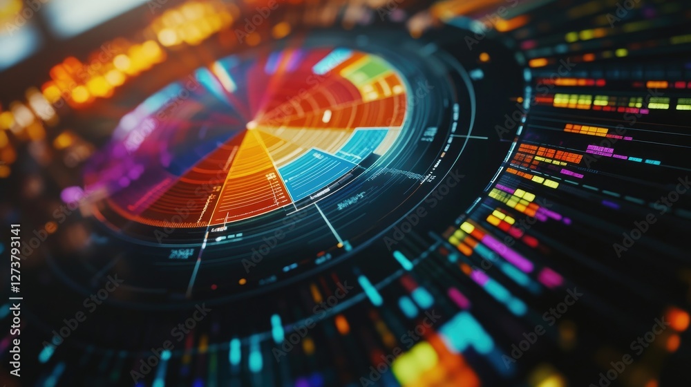 Poster a close-up of a colorful pie chart on a computer screen, showcasing data distribution and percentage
