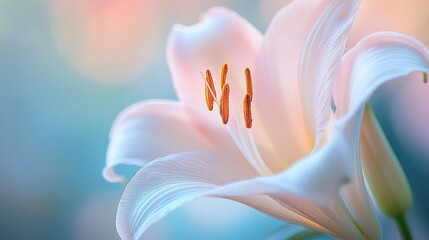 A close-up of a delicate lily with soft, translucent petals and a subtle gradient of color, capturing the flower's grace and elegance.
