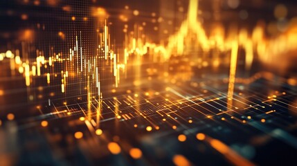 Fototapeta premium A close-up of a digital gold price chart with candlestick patterns and indicators, set against a sleek, modern background with a focus on the golden lines.