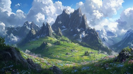 Fototapeta premium A rugged mountain range with sharp, jagged rocks jutting out towards the sky, surrounded by lush green meadows and scattered wildflowers. The clouds above are dramatic, casting shadows over the 