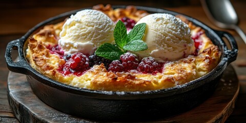 Warm berry cobbler served fresh from the oven with ice cream and mint garnish