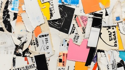 Fototapeta premium Colorful collage of stickers and torn paper fragments fills the surface in a creative urban workspace