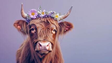 Highland cow with floral crown, portrait.