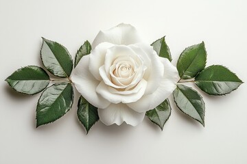 Fototapeta premium Exquisite white rose surrounded by lush green leaves on a pure white background