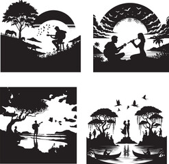 Sunset Serenade illustration in black and white silhouette assets in vector farm 