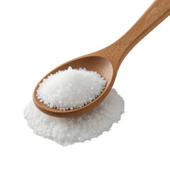 A wooden spoon cradles a heap of white granulated sugar, contrasting beautifully with the fine sugar scattered below. The scene highlights simplicity and natural beauty in everyday ingredients