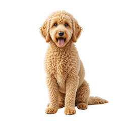 A fluffy golden dog with a joyful expression sits attentively, showcasing its playful nature and soft, cuddly fur in a bright and welcoming environment