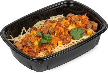 A black plastic container that is filled with delicious spaghetti and meat sauce