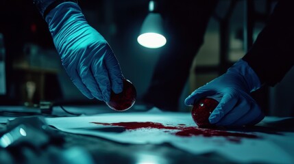Detective examining a bloodstained object at a crime scene. Featuring investigation and precision