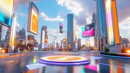 Obraz premium Futuristic Cityscape with Vibrant Holographic Advertisements