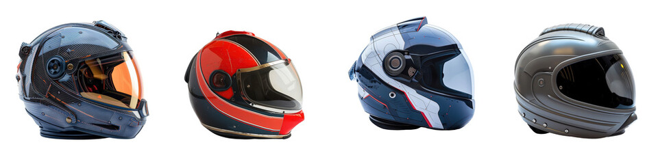 Fototapeta premium Collection of Isolated Aerodynamic Skydiving Helmets Showcasing Innovative Design and Stitched Detailing for Safety
