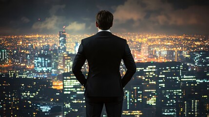 Professional Individual Standing in Front of a Vibrant City Skyline at Night with Illuminated Buildings and Towers