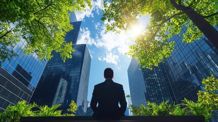 Professional Individual Standing in Front of a Modern Office Building Surrounded by Lush Greenery Under Bright Blue Sky