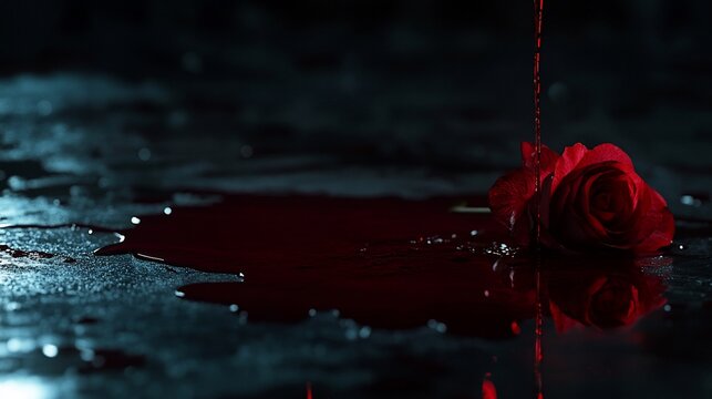 Red rose in a pool of blood, dark background.