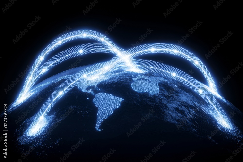 Poster the planet earth is linked by a 3d world globe data exchange network connection web